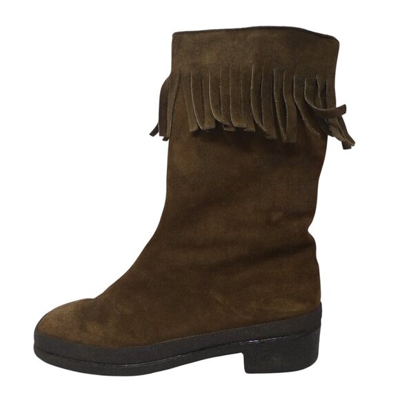 Vintage Val Brown Suede Fringe Sherpa Lined Boho Mid Calf Boots Womens 40 US 9 - Picture 12 of 13